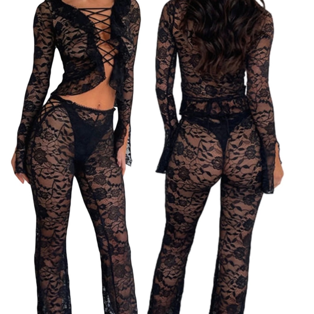Elegant Black Lace Pants Set